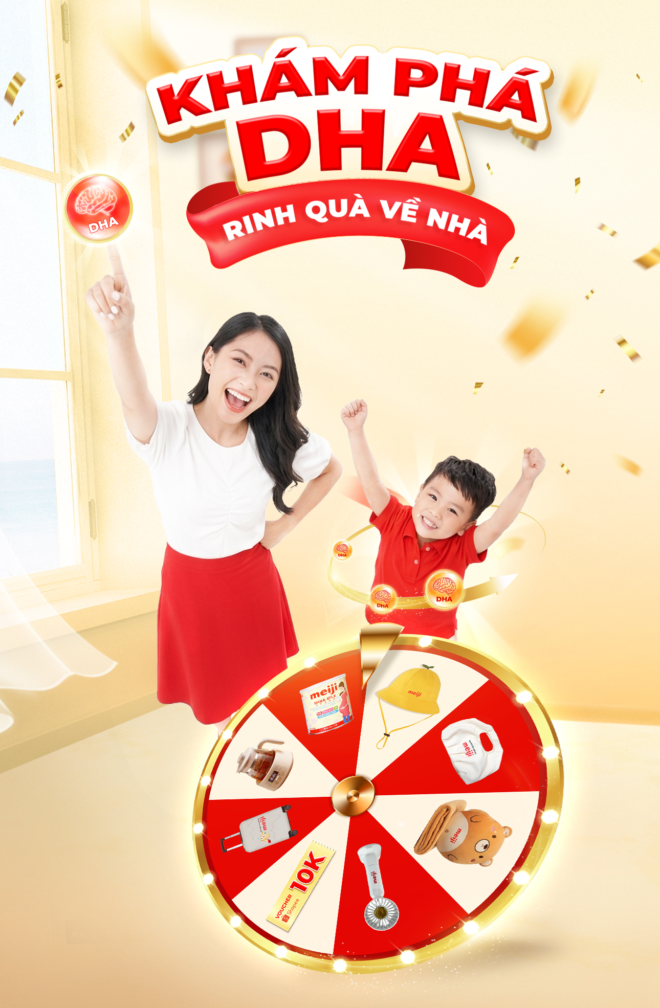 Banner mobile chiến dịch DHA với mẹ và bé cùng vòng quay quà tặng.